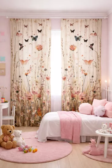 Kelebek ve Çiçek Desenli Çift Kanatlı Fon Perde