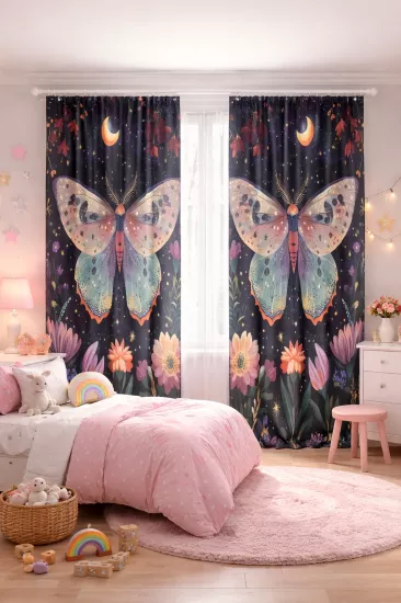 Ay Yıldızlı Gece Kelebeği Çift Kanatlı Fon Perde