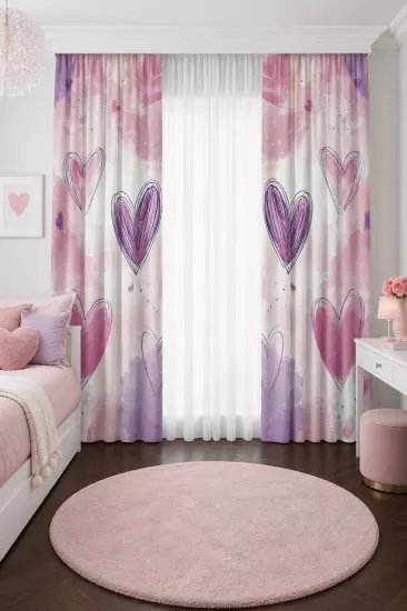 Pembe Mor Kalp Desenli Çift Kanatlı Fon Perde