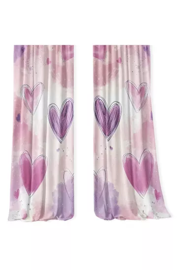 Pembe Mor Kalp Desenli Çift Kanatlı Fon Perde