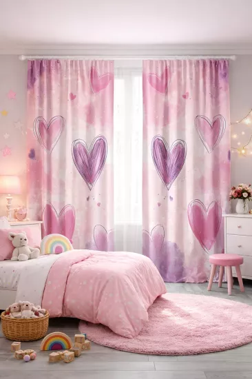 Pembe Mor Kalp Desenli Çift Kanatlı Fon Perde