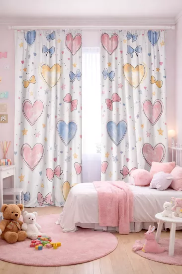 Renkli Kalp ve Fiyonk Desenli Çift Kanatlı Fon Perde