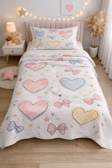 Pastel Kalp Fiyonk Tek Kişilik Pike Takımı 