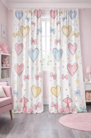 Renkli Kalp ve Fiyonk Desenli Çift Kanatlı Fon Perde