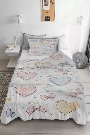 Pastel Kalp Fiyonk Tek Kişilik Pike Takımı 