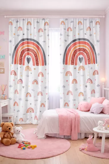 Gökkuşağı Bulut Desenli Çift Kanatlı Fon Perde