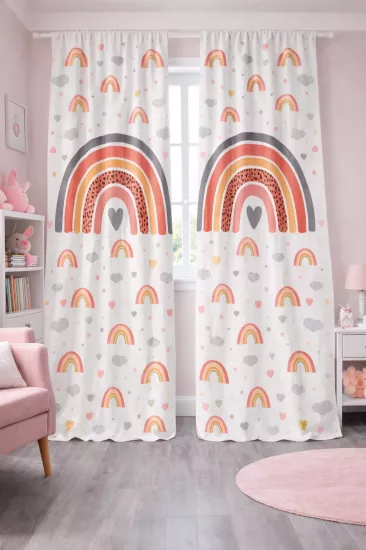 Gökkuşağı Bulut Desenli Çift Kanatlı Fon Perde