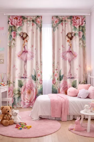 Balerin Kız Çiçek Desenli Çift Kanatlı Fon Perde