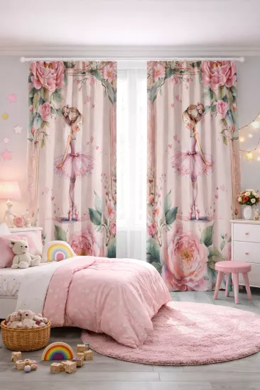 Balerin Kız Çiçek Desenli Çift Kanatlı Fon Perde