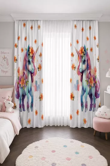 Çiçekli Unicorn Desenli Çift Kanatlı Fon Perde