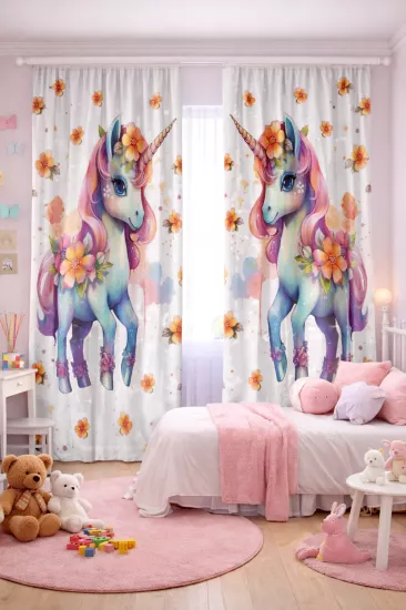Çiçekli Unicorn Desenli Çift Kanatlı Fon Perde