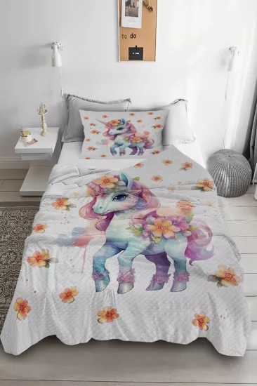 Çiçekli Unicorn Tek Kişilik Pike Takımı 