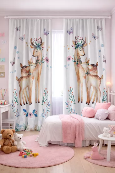 Geyik Desenli Çift Kanatlı Fon Perde