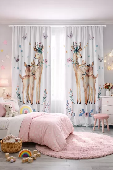 Geyik Desenli Çift Kanatlı Fon Perde