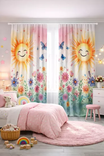 Güneş Çiçek ve Kelebekli Çift Kanatlı Fon Perde