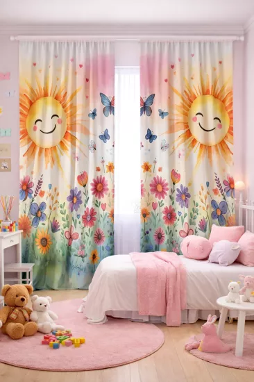 Güneş Çiçek ve Kelebekli Çift Kanatlı Fon Perde