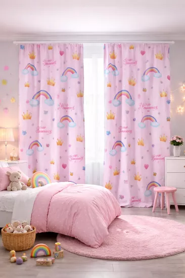 Gökkuşağı Taç ve Kalpli Çift Kanatlı Fon Perde