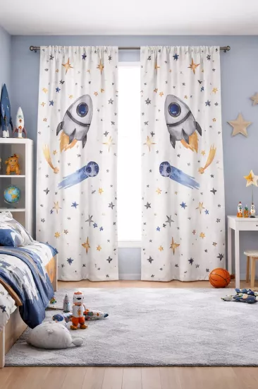 Uzay Roket ve Yıldızlı Çift Kanatlı Fon Perde