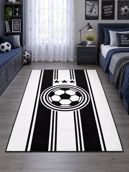 Siyah Beyaz Futbol Topu Çocuk Odası Halısı