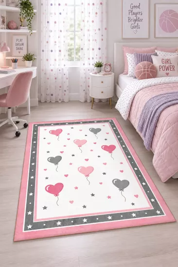 Pembe Gri Kalp Balon Desenli Kız Çocuk Odası Halısı
