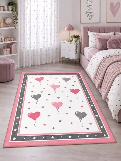 Pembe Gri Kalp Balon Desenli Kız Çocuk Odası Halısı