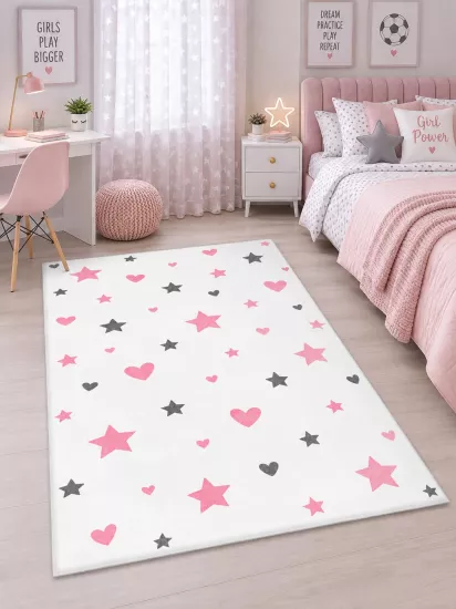 Pembe Gri Kalp ve Yıldız Desenli Kız Çocuk Halısı