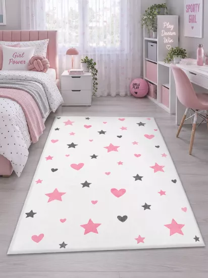 Pembe Gri Kalp ve Yıldız Desenli Kız Çocuk Halısı