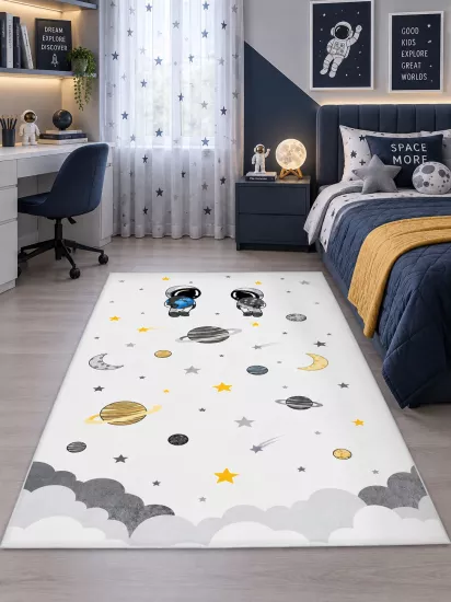 Astronot ve Gezegenler Desenli Uzay Temalı Çocuk Halısı