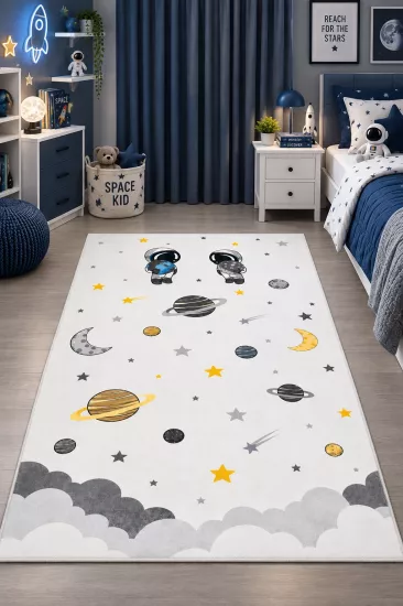 Astronot ve Gezegenler Desenli Uzay Temalı Çocuk Halısı