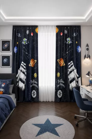 Yıldızlı Çift Kanatlı Çocuk Odası Fon Perde