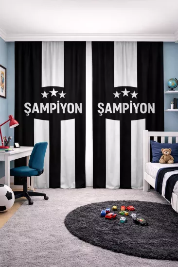 Siyah Beyaz Çocuk Odası Çift Kanatlı Fon Perde