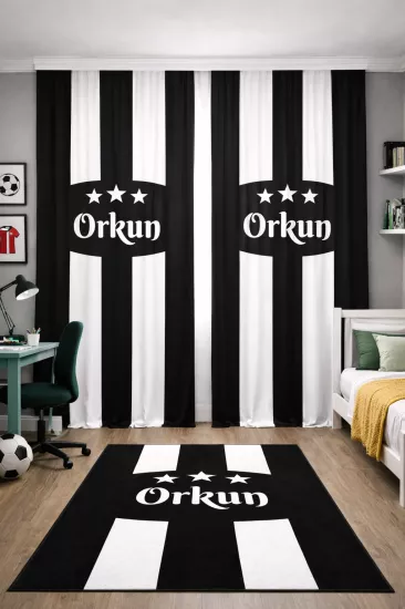 Siyah Beyaz Taraftar İsimli Çift Kanatlı Kadife Fon Perde