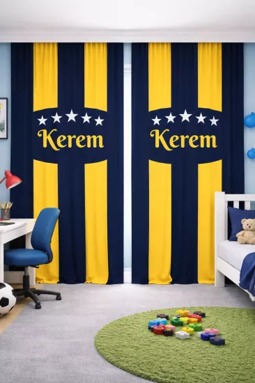 Sarı Lacivert Taraftar İsimli Çift Kanatlı Kadife Fon Perde
