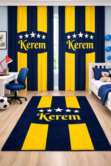Sarı Lacivert Taraftar İsimli Çift Kanatlı Kadife Fon Perde