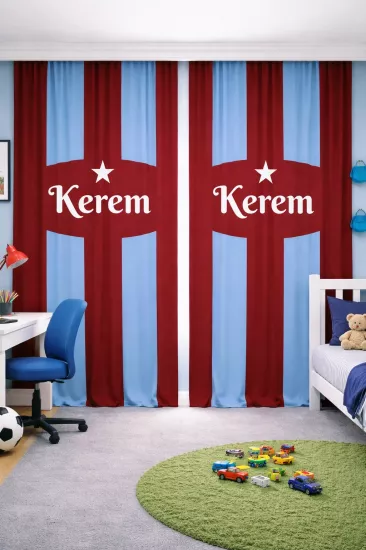 Bordo Mavi Taraftar İsimli Çift Kanatlı Kadife Fon Perde