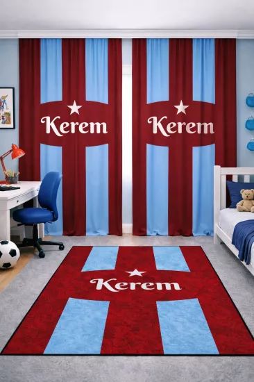 Bordo Mavi Taraftar İsimli Çift Kanatlı Kadife Fon Perde