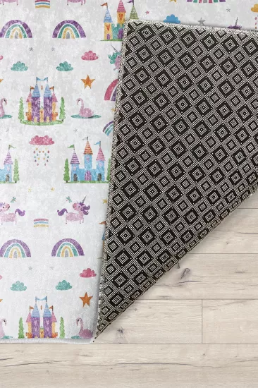 Renkli Unicorn Şato ve Gökkuşağı Çocuk Halısı