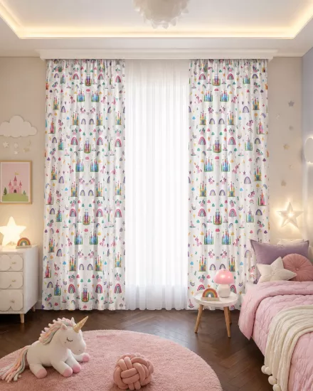 Gökkuşağı Unicorn Çift Kanatlı Çocuk Odası Perdesi