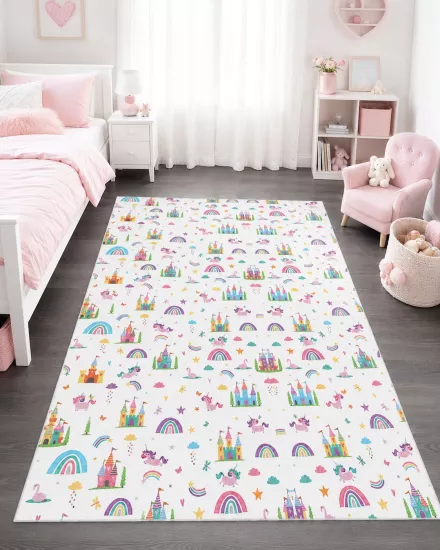 Renkli Unicorn Şato ve Gökkuşağı Çocuk Halısı