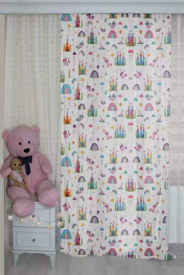 Gökkuşağı Unicorn Çift Kanatlı Çocuk Odası Perdesi