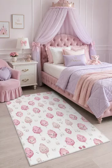 Pembe Pamuk Şeker Desenli Çocuk Odası Halısı