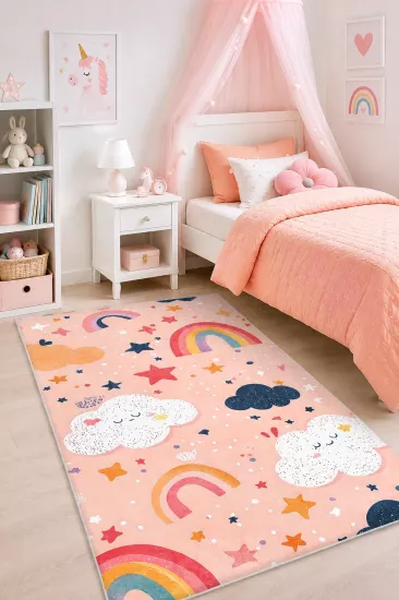 Pembe Bulut Gökkuşağı ve Yıldızlı Çocuk Halısı