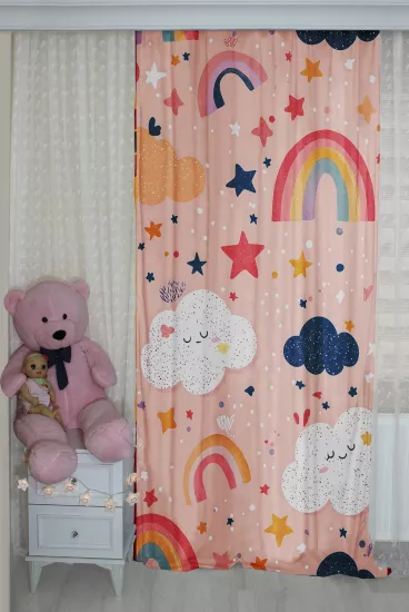 Gökkuşağı Bulut Çift Kanatlı Çocuk Odası Perdesi