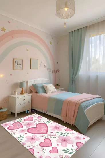 Çiçekli Kalpli Bambu Çocuk Odası Halısı