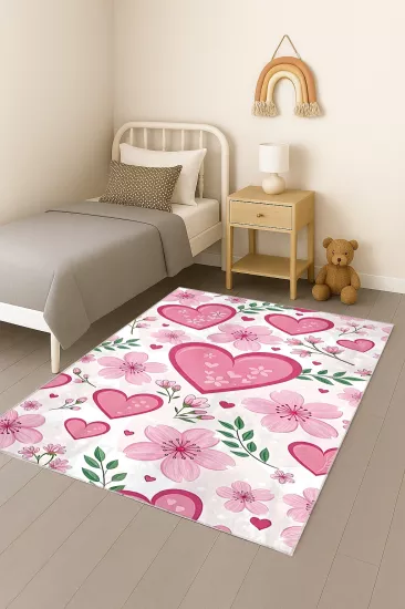 Çiçekli Kalpli Bambu Çocuk Odası Halısı