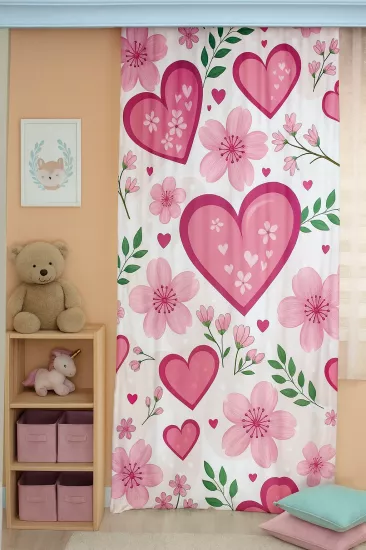 Çiçekli Kalpli Çift Kanatlı Çocuk Odası Perdesi