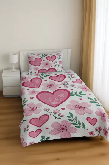 Çiçekli Kalpli Tek Kişilik Pike Yastık Kılıflı