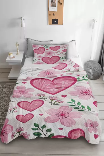 Çiçekli Kalpli Tek Kişilik Pike Yastık Kılıflı