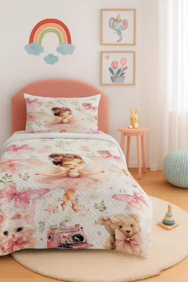 Balerin Peri Kedili Tek Kişilik Pike Yastık Kılıflı