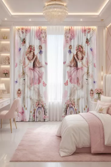 Peri Kız Unicorn Çift Kanatlı Çocuk Odası Perdesi